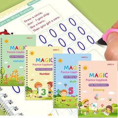 4 in 1 Sank Magic Book | Reusable Magic Practice Copy Book | 4 books + 1 Pen + 10 Refills +1 Grip